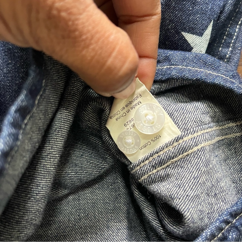 Stussy big star AOP logo spellout button front denim chambray shirt medium - Picture 6 of 10
